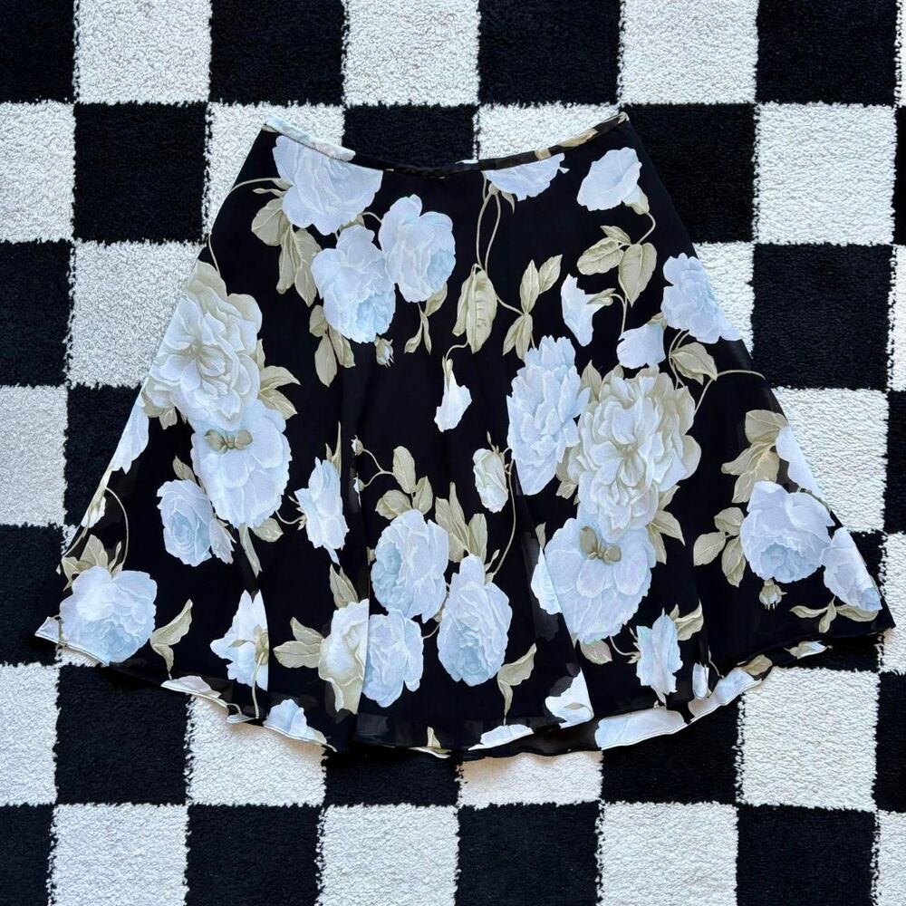Vintage Ellen Tracy Black Floral Rayon Mini Skirt XS